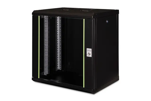 Szafa sieciowa wisząca Unique 19 12U rack 600x450 drzwi szyba czarny niedzielona złożona 100kg
