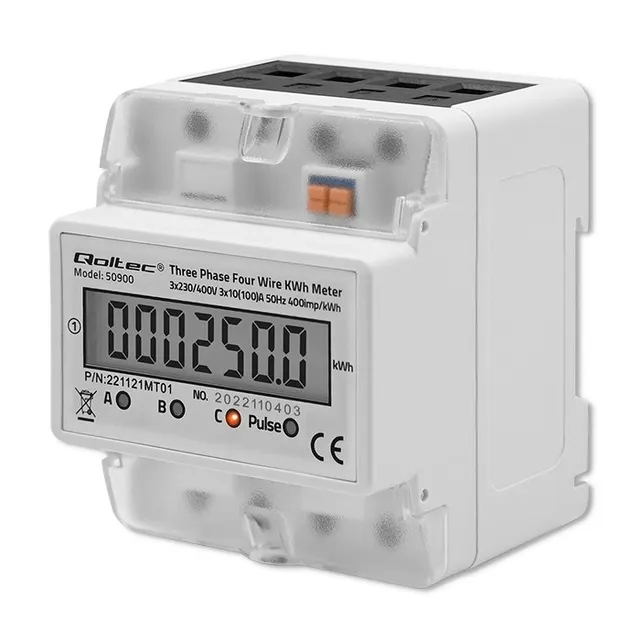 QOLTEC LICZNIK ZUŻYCIA ENERGII TRÓJFAZOWY NA SZYNĘ DIN, 230V, LCD, 4P