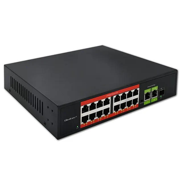 Qoltec Przełącznik sieciowy SWITCH Fast Ethernet PoE, 16x RJ45 10/100 Mb/s, 2x RJ45 Uplink 1000 Mb/s, 1x SFP 1000 Mb/s