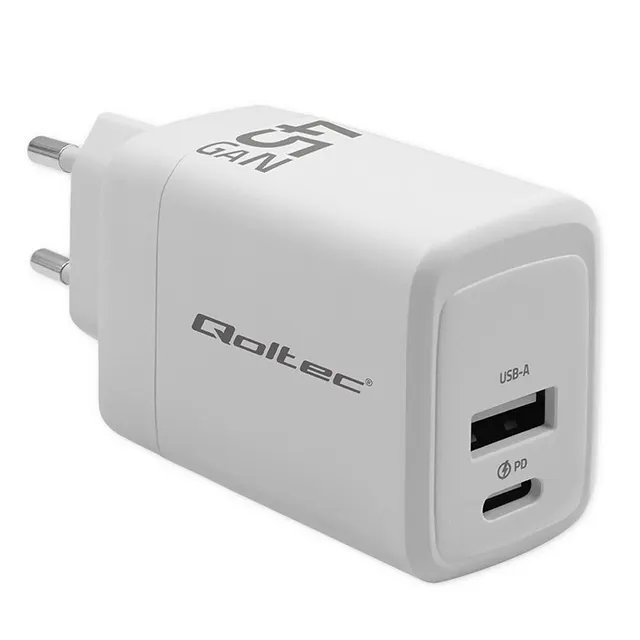 QOLTEC ŁADOWARKA 45W GAN, 5-20V, 1.5-3A, 1XUSB-C PD, 1XUSB QC 3.0, BIAŁA