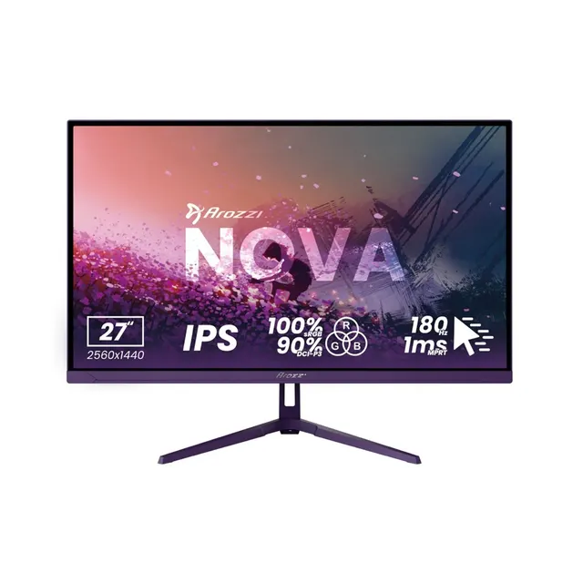 Monitor IPS Arozzi Nova 27 złącze QHD systemy ochrony przed włamaniem 16:9 180 Hz 1 ms 2560 x 1440 pikseli 350 cd/m2 Ilość portów HDMI: 2 kolor purpura