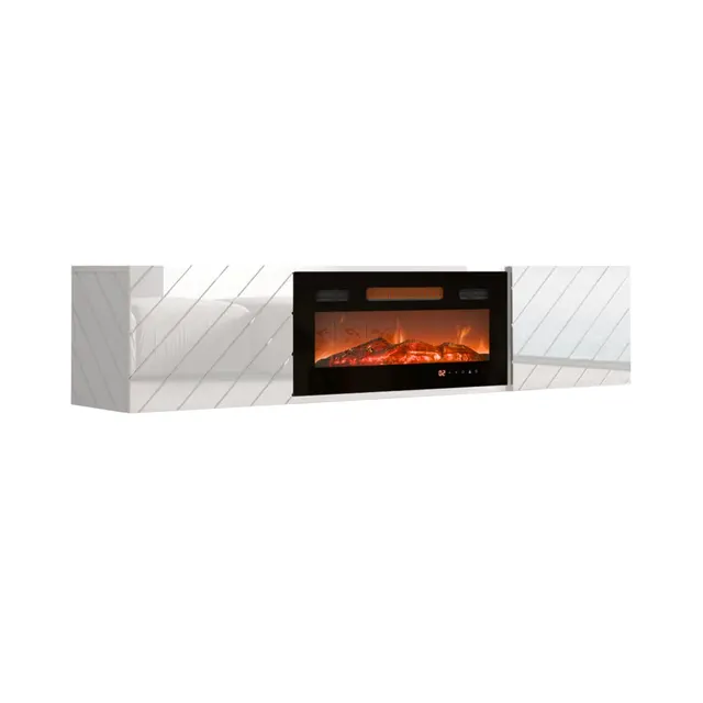 Szafka RTV LUXE 182 6x34 5x37 5 biały/biały połysk + czarny kominek