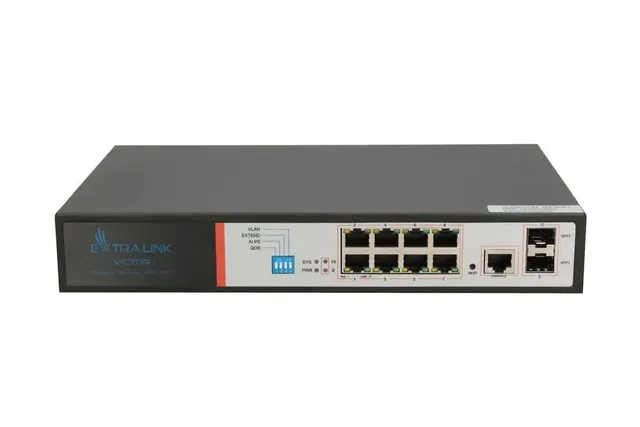Extralink VICTOR, Switch PoE, 8x Gigabit PoE/PoE+ 2x SFP 1x Port Konsolowy 150W Zarządzalny