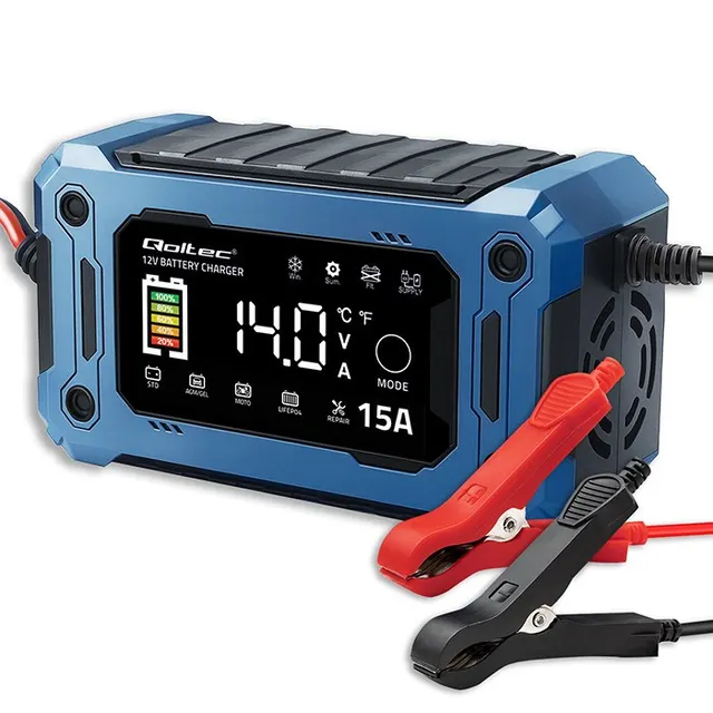 QOLTEC ŁADOWARKA 12V 15A, PROSTOWNIK DO AGM GEL LIFEPO4, LCD