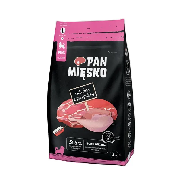 Pan Mięsko Karma sucha dla psa Cielęcina z przepiórką (szczeniak) chrupki L 3kg