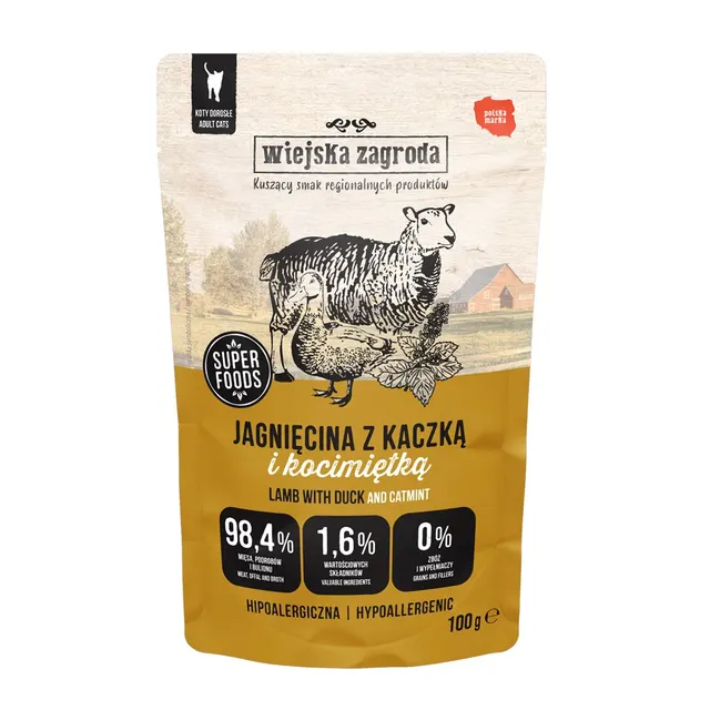 Wiejska Zagroda Karma mokra dla kota Jagnięcina z kaczką i kocimiętką (dorosły) 100g (12 szt/op)