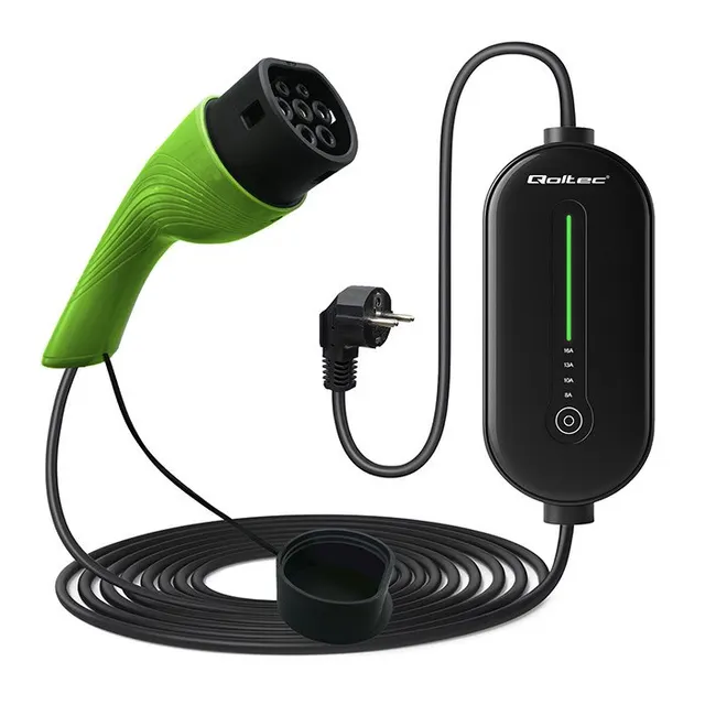 Mobilna ładowarka do samochodu elektrycznego EV i hybryd Qoltec 52434 z regulacją 2w1 Typ2 3.5kW 230V SCHUKO 16A Wi-fi TUYA LED 5m