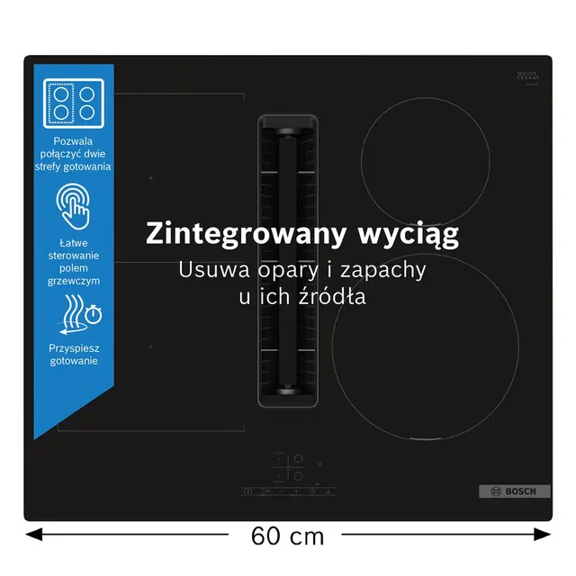 Płyta indukcyjna z wyciągiem Bosch PVS611B16E 60 cm, 4 pola, wbudowany wyciąg, CombiZone, czarny