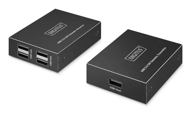Przedłużacz (extender) po skrętce kat.6 USB 2.0 do 150m 4x USB-A do 480 Mbps 1x RJ45 (Gigabit Ethernet) - zestaw (odbiornik/nadajnik)