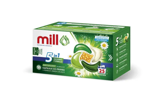 MILL PRO Kapsułki do prania 5k + perełki zmiękczające. UNIVERSAL 25 szt.