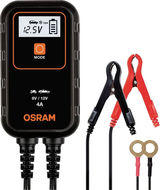 Prostownik BATTERYcharge 904 napięcie ładowania: 6/12 V OSRAM prąd ładowania: 4A napięcie zasilania: 230V rodzaj akumulatora: AGM/Li-Ion/VRLA
