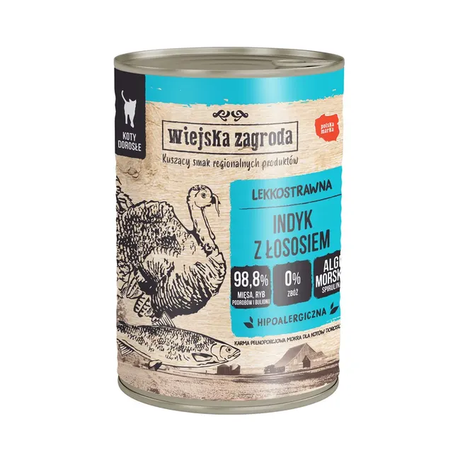 Wiejska Zagroda Indyk z łososiem karma mokra dla kota 400g