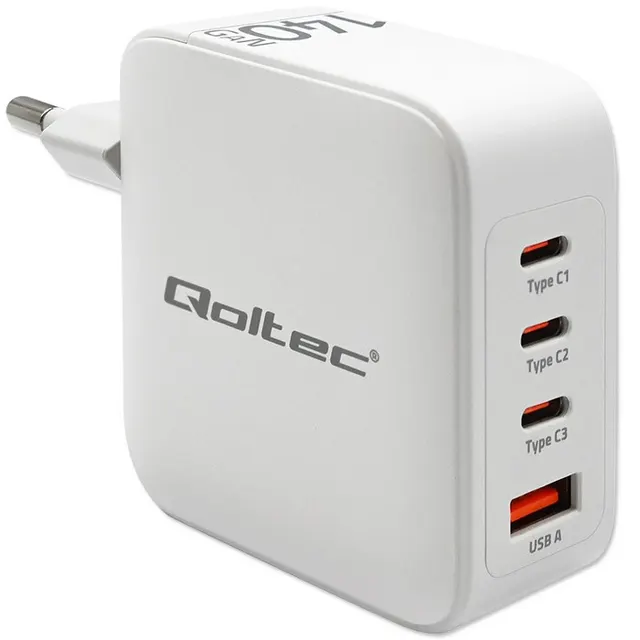 Qoltec Ładowarka sieciowa 140W GaN, 5-20V, 2.5-5A, 3 x USB-C PD, 1 x USB QC 3.0, Biała