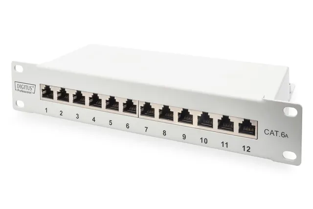 Digitus Panel krosowy (patch panel) 10'' 12x RJ45 LSA poziom kat.6A ekranowany 1U szary prowadnica kabli