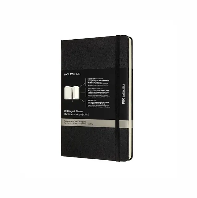 Moleskine planer projektów Pro L to niedatowany 288 stron organizer w twardej oprawie ma sekcje planowania rocznego miesięcznego i tygodniowego.