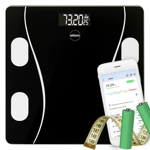 ELDOM INTELIGENTNA WAGA OSOBOWA TWO610 ILIIE DO 180 KG WSKAŹNIK BMI BMR LBM APLIKACJA KOMPATYBILNA Z SYSTEMAMI ANDROID ORAZ