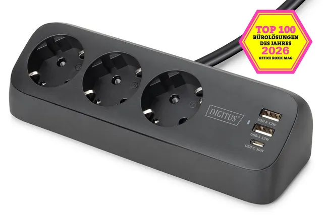 Digitus 3-drożna biurowa listwa zasilająca z 2 złączami USB-A i 1 złączem USB-C czarna