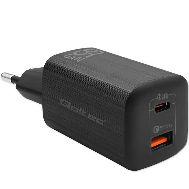 QOLTEC ŁADOWARKA SIECIOWA 65W GAN ULTRA, 5-20V, 2.25-3.25A, 1 X USB TYP C PD, 1 X USB QC 3.0, CZARNA