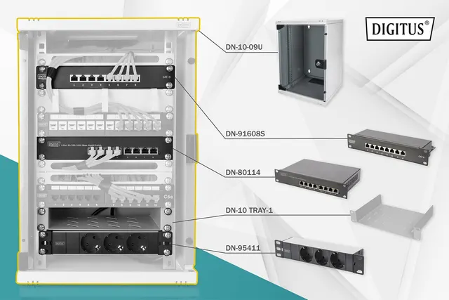 Zestaw sieciowy 10 : szafa wisząca 9U półka listwa zasilająca 8-port switch panel kat.6 szary