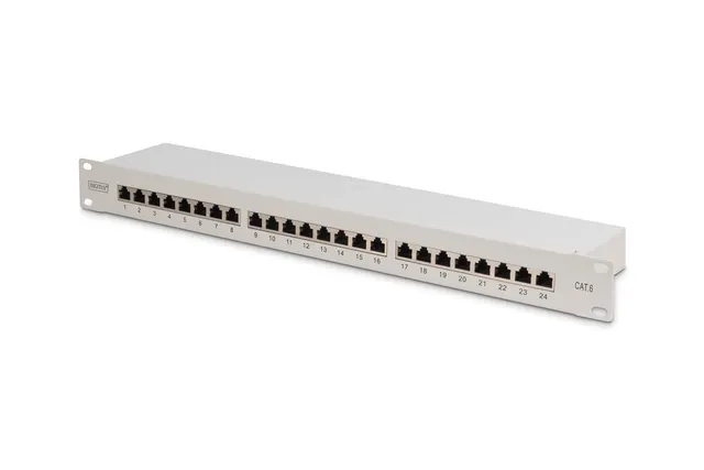 Digitus Panel krosowy (patch panel) 19'' 24x RJ45 LSA poziom kat.6 ekranowany 1U szary prowadnica kabli