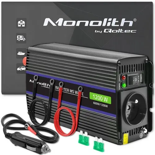 QOLTEC PRZETWORNICA NAPIĘCIA MONOLITH 1200 MS WAVE, 12V NA 230V, 600/1200W, USB