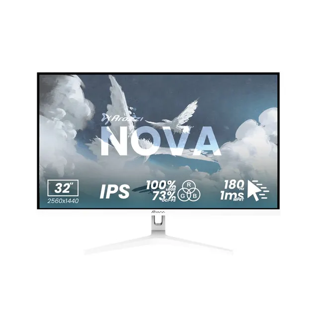 Monitor Arozzi Nova 32 z systemem ochrony przed włamaniem (IPS) QHD format 16:9 odświeżanie 180 Hz czas reakcji 1 ms rozdzielczość 2560 x 1440 pikseli jasność 300 cd/m2 ilość portów HDMI: 2 kolor biały