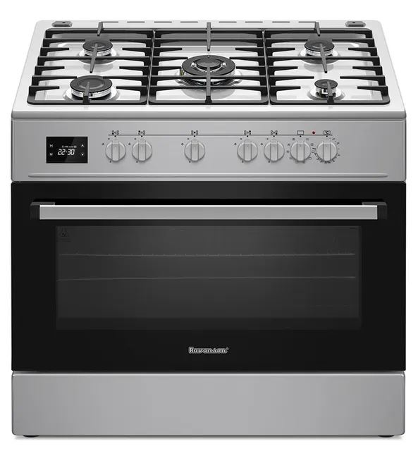 Kuchnia gazowo-elektryczna RAVANSON KWGE-K90A Cheff Modern, 5 palników + palnik WOK, termoobieg, rożen, inox