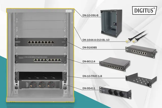 Zestaw sieciowy 10 cali: szafa wisząca 9U półka listwa zasilająca 8-port switch panel kat.6 czarny