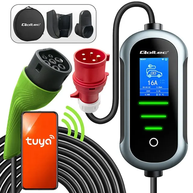 Qoltec Mobilna ładowarka do samochodu elektrycznego EV i hybryd z regulacją 2w1 Typ2, 7kW, 230V, CEE 32A, Wi-fi, TUYA, SMART LIFE, LCD, Przenośna, Wallbox, 5m