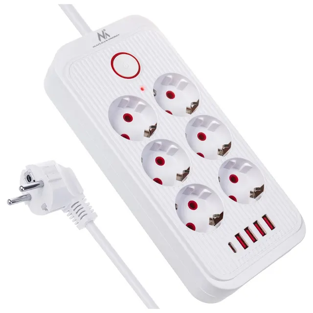 MACLEAN LISTWA ZASILAJĄCA PRZEDŁUŻACZ 6 GNIAZD + 4XUSB 110-240V AC 50/60HZ 2.1A MAX 2500W 1 5 M BIAŁA MCE389 W