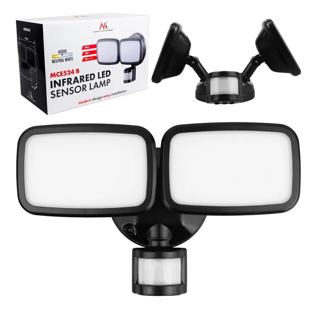 MACLEAN ŚCIENNA LAMPA LED Z CZUJNIKIEM PIR 20W 1500LM IP65 NEUTRAL WHITE 4000K CZARNA MCE524 B