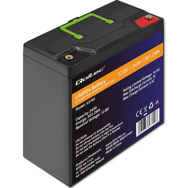 Qoltec Akumulator LiFePO4 Litowo-Żelazowo-Fosforanowy, 12.8V, 24Ah, 307.2Wh, BMS