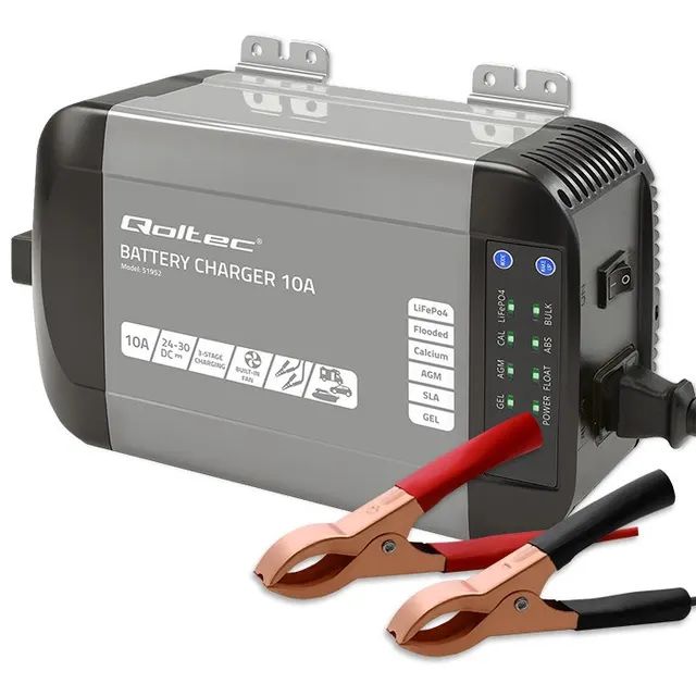 Qoltec Inteligentna ładowarka Monolith do akumulatorów LiFePO4 AGM GEL SLA, 10A, 24V