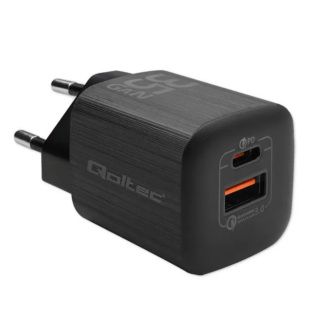 QOLTEC ŁADOWARKA SIECIOWA 35W GAN ULTRA, 5-20V, 2.25-3A, 1 X USB TYP C PD, 1 X USB QV 3.0, CZARNA