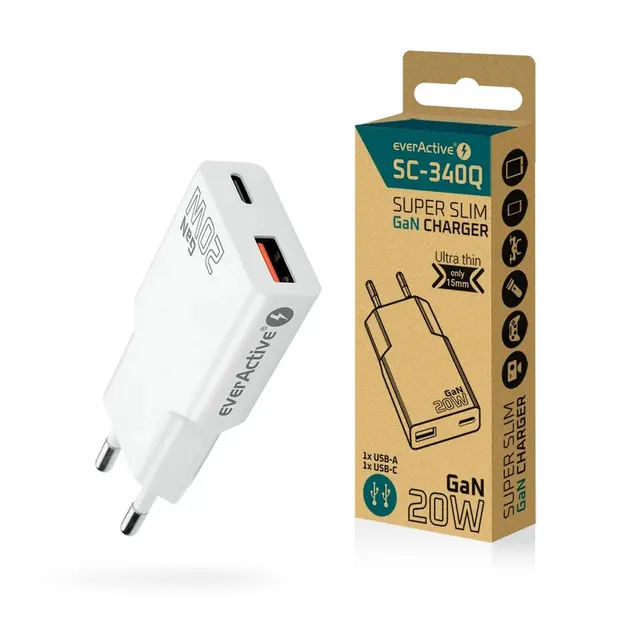 EVERACTIVE ŁADOWARKA SIECIOWA 1 X USB 1 X USB-C QUICK CHARGE 3.0 20W SUPER SLIM BIAŁA SC-340Q