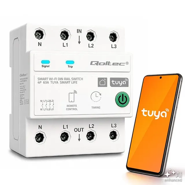 Qoltec Trójfazowy przekaźnik 63A na szynę DIN, 3P+N, Timer, Wi-Fi, Tuya, Smart Life, Amazon Alexa, 4P