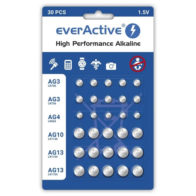 EVERACTIVE BATERIE ALKALICZNE MINI ZESTAW: 10 X G3 / LR41 5 X G4 / LR626 5 X G10 / LR1130 10 X G13 / LR1154 AGMIX30BL