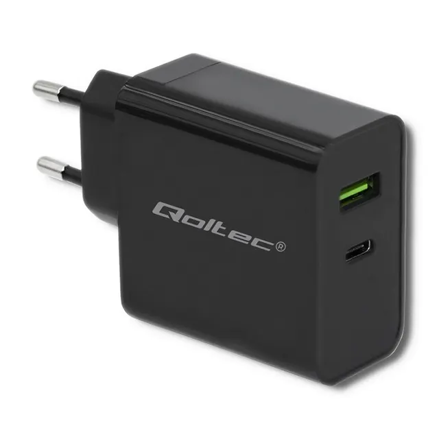 QOLTEC ŁADOWARKA SIECIOWA 42W, 5-20V, 2.25-3A, USB TYP C PD, USB, CZARNA