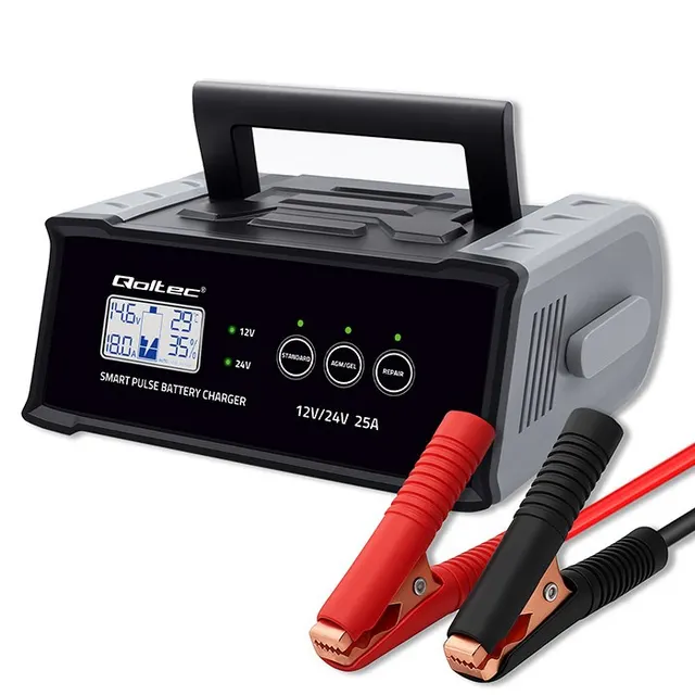 Qoltec Inteligentna mikroprocesorowa ładowarka 12V 24V 25A, Prostownik z funkcją naprawy do akumulatora AGM GEL SLA, LCD