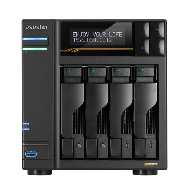 NAS Asustor AS6804T; Tower; 4x (3.5 SATA HDD/ 2.5 SSD); AMD Ryzen Embedded V3C14; 16G ECC DDR5 SODIMM (max. 64GB) 2x 10GbE 2x 5GbE 4x M.2 2280 NVMe PCIe 4.0 2x USB4 2x USB 3.2 Gen 1x optional 10 GbE card