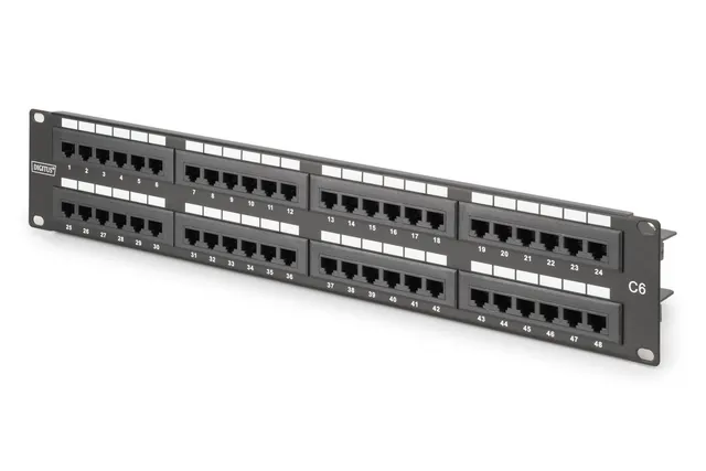 Digitus Panel krosowy (patch panel) 19'' 48x RJ45 LSA pion kat.6 nieekranowany 2U czarny prowadnica kabli pola opisowe