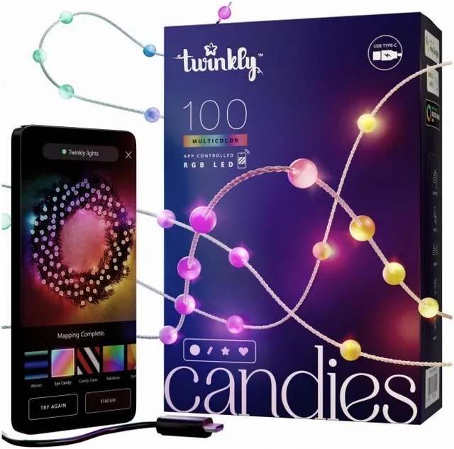 Twinkly Candies – 100 Lampki w kształcie pereł RGB LEDs zielony przewód USB-C