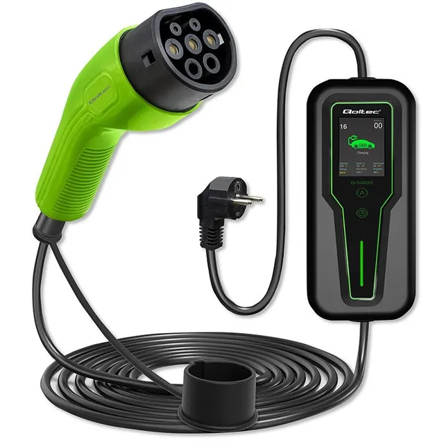 Qoltec Mobilna ładowarka do samochodu elektrycznego EV z regulacją 2w1 Typ2, 3.5kW, 230V, LCD, Przenośna, Wallbox, 5m