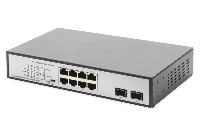 Digitus Przełącznik sieciowy niezarządzalny desktop 8x RJ45 Gb/s (w tym 6xPoE)+ 2x SFP PoE++ max budżet 180W