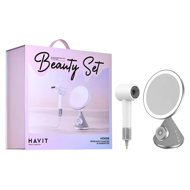 Zestaw Havit HDK88 Beauty Set: suszarka i lusterko kosmetyczne (z funkcjami ładowania bezp. + głośnik Bluetooth)