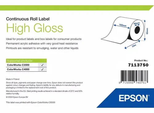 Epson High Gloss Label Samoprzylepne etykiety do drukowania, taśma ciągła 102 mm × 33 m