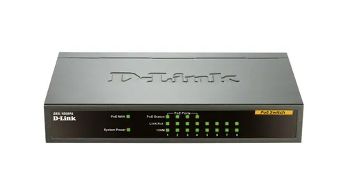 D-Link DES-1008PA przełącznik sieciowy Nie zarządzany Fast Ethernet (10/100) Obsługa PoE Czarny