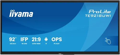 iiyama TE9218UWI-B1AG signage display Kiosk 2,32 m (91.5") LED Wi-Fi 500 cd/m² 5K Ultra HD Czarny Ekran dotykowy Procesor wbudowany Android 16/7