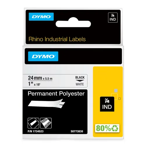 DYMO Rhino przemysłowe, trwałe etykiety poliestrowe, rolki 24 mm x 5,5 m, czarny nadruk na białym, samoprzylepne