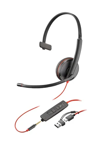 HP Poly Jednouszny zestaw słuchawkowy USB-C Poly Blackwire 3215 + wtyczka 3,5 mm + przejściówka USB-C/A (opakowanie zbiorcze)